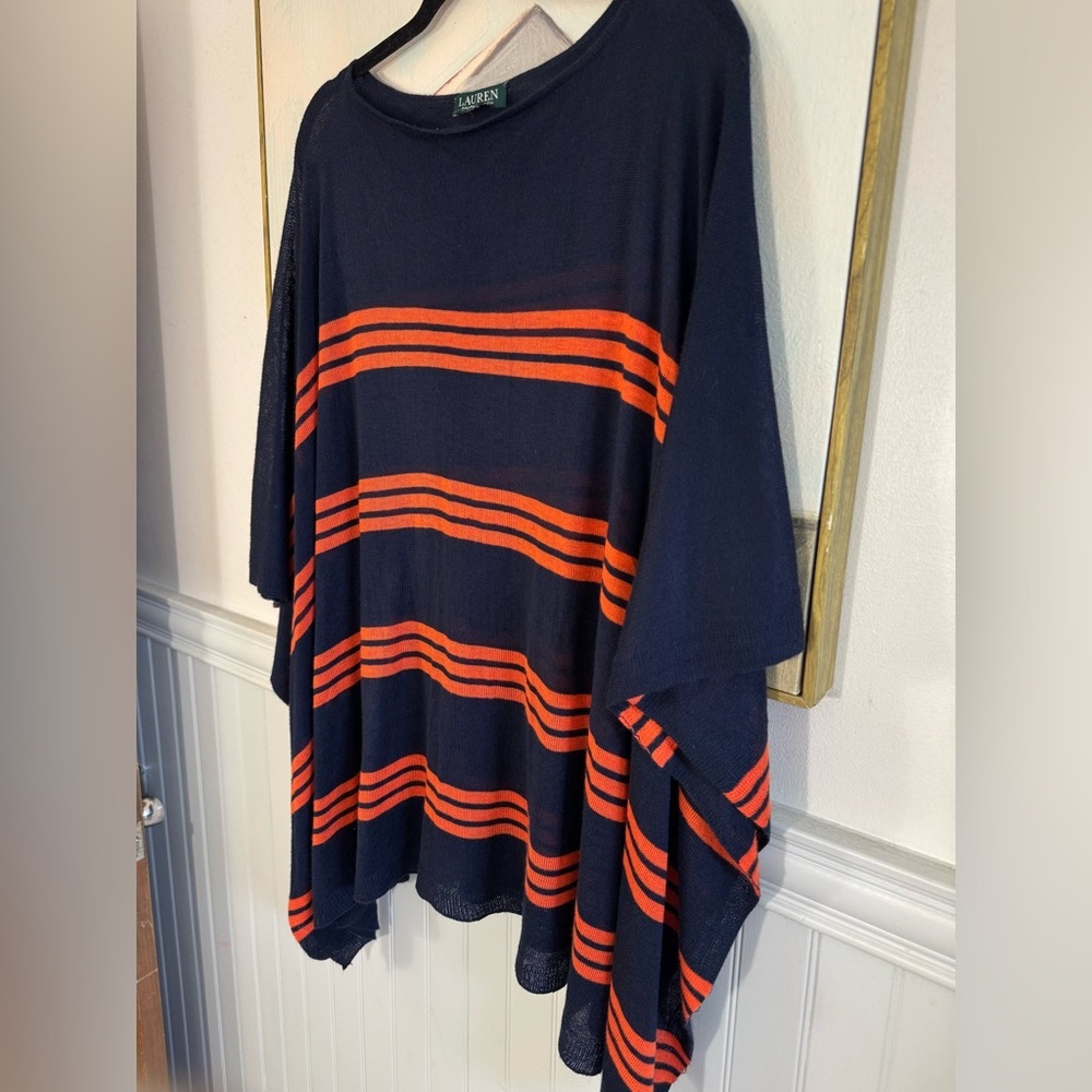 RALPH LAUREN Vintage Cape Poncho Knit Womens Linen Cotton Stripe Red Blue M - Picture 3 of 6